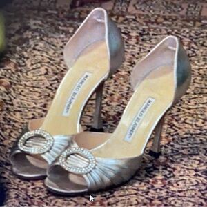 Manolo Blahnik Silver D'Orsay Heels with Crystal Embellishment